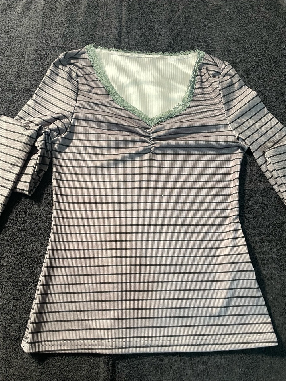 SHEIN Black & Light Gray Striped Long Sleeve V-Neck Top with Mint Lace